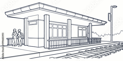 Bild auf Leinwand Line art drawing of train station platform with waiting passengers platform comm