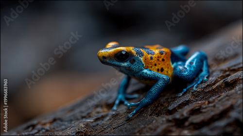 Vivid blue poison dart frog on mossy log in rainforest