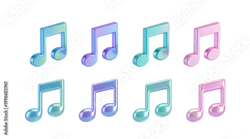 Set of 3d iridescent musical notes isolated on transparent background glossy holographic eighth note icons in pastel colors for creative music design