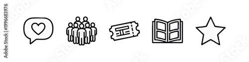 Line art icons: heart speech bubble, group, ticket, open book, star