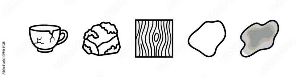 Fototapeta premium Line Art Texture Icons Set Featuring Cracked Ceramic Rock Wood Grain and Splash