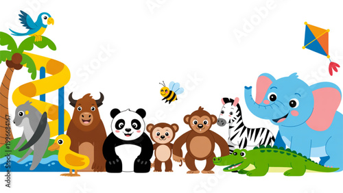 Bild auf Leinwand Colorful cartoon animals and objects set in a tropical paradise with palm trees