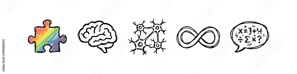 Fototapeta premium Hand Drawn Neurodiversity Awareness Icons featuring Brain and Rainbow Puzzle