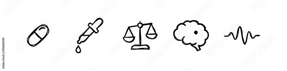 Obraz premium Hand Drawn Medical and Legal Icon Set with Pill Scales of Justice and Brain
