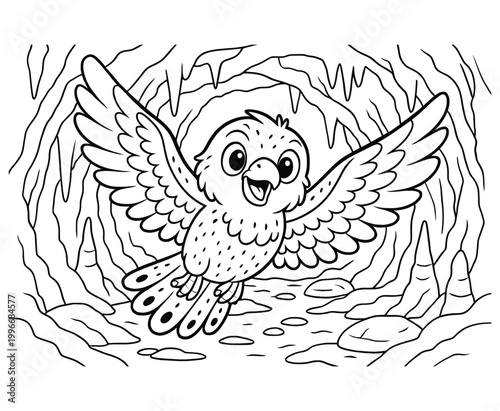 Happy cute cartoon bird flying inside a cave with stalactites, line art vector illustration.