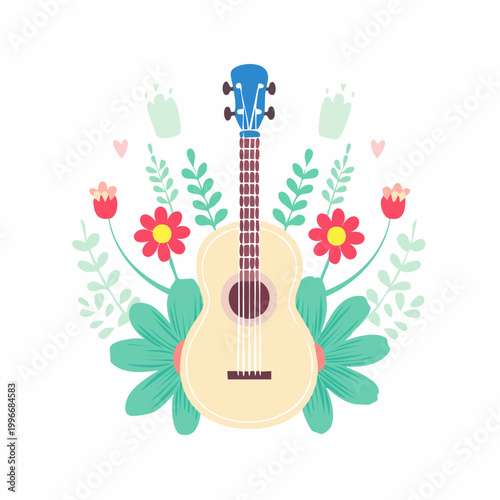 Acoustic Guitar Surrounded by Flowers and Leaves