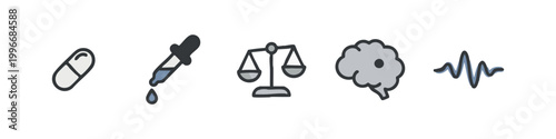 Medical and Science Hand Drawn Icon Set with Pill Dropper Scale Brain and Pulse Wave