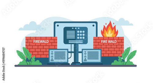 Firewall protection, cybersecurity concept, internet security, network defense vector