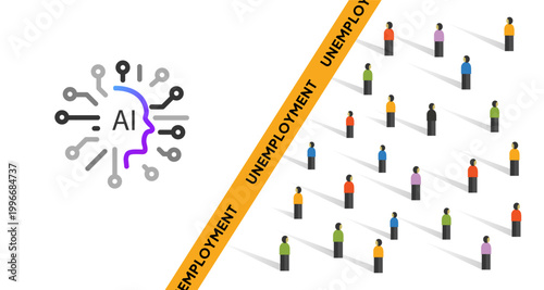 Global unemployment crisis due to artificial intelligence automation showing ai brain icon crowd of people representing massive job loss and labor market shift caused by advanced technology and