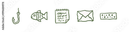 Miscellaneous Hand Drawn Icons Including Fishing Hook Fish Notepad and Envelope