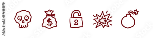 Risk and Danger Hand Drawn Icons Set Including Skull Money Bag Lock and Bomb