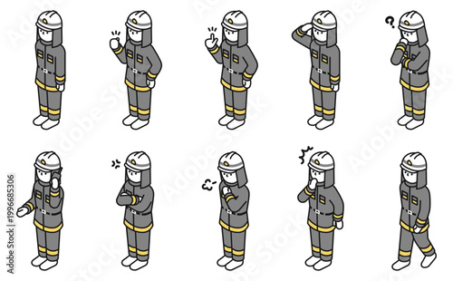 アイソメトリックイラスト：色々なポーズの消防士
