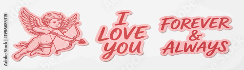 Love typography sticker set, Valentine day cute vintage drawn illustration, pink romantic print. Sweet holiday creative icon, cupid, forever always, I love you message. Bachelorette party love quote.