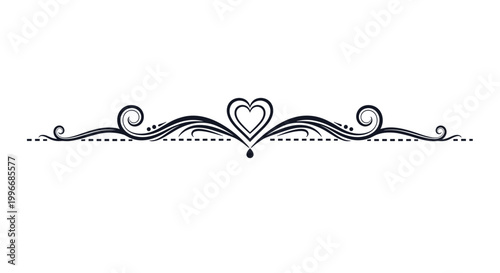 Elegant black and white decorative flourish divider featuring a central heart shape and intricate swirls for wedding invitations or cards.