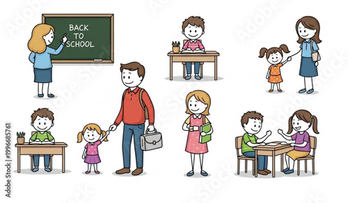 Back to school stick figure vector set with teacher kids classroom and parent scenes simple pictogram style isolated on white