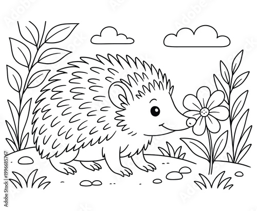 Hedgehog coloring book for children featuring cute forest animal smelling a pretty flower.