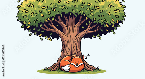 A cartoon fox sleeps at the base of a tree