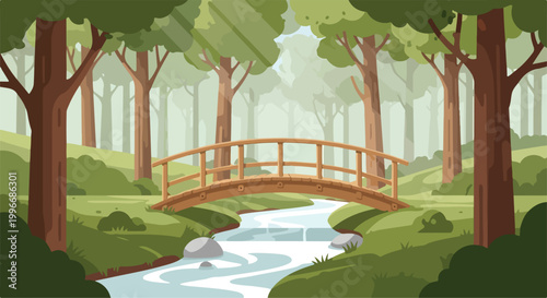 Fotografie A serene forest scene with a wooden bridge over a stream
