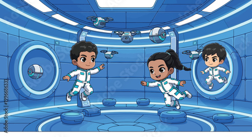 Cartoon Astronauts in Space Suits Floating Together.