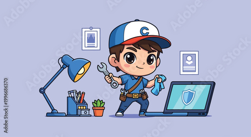 Cartoon boy coder working with laptop.