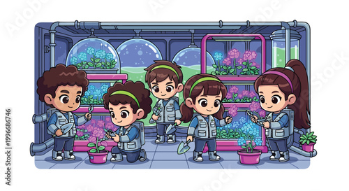 Group of students wearing lab coats in science class.