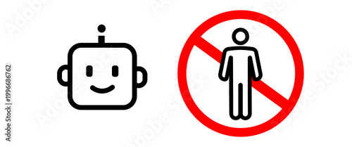 Artificial intelligence replacing human workers concept with robot head icon next to a red forbidden sign representing job displacement automation risks and the future of labor in the era of digital
