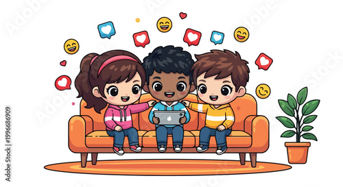 Three Children Sitting On Orange Sofa Together.