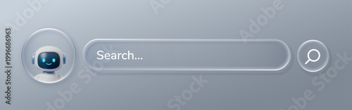 Robot assistant with Glass search button liquid bar ui navigation effect overlay texture. and chat interface, featuring sleek tech design, smart navigation elements