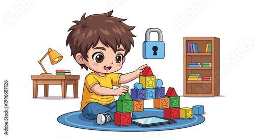 Young Child Playing With Colorful Building Blocks.