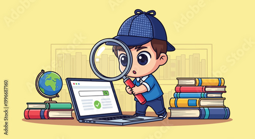 Young student with magnifying glass studying at laptop.
