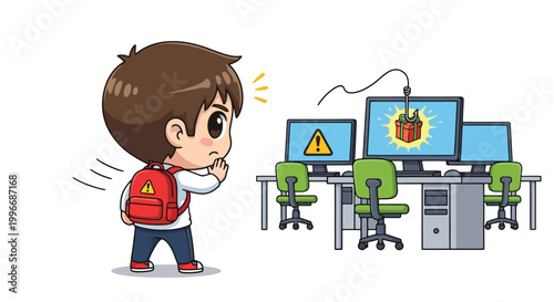 Young schoolboy with backpack approaching computer workstation.