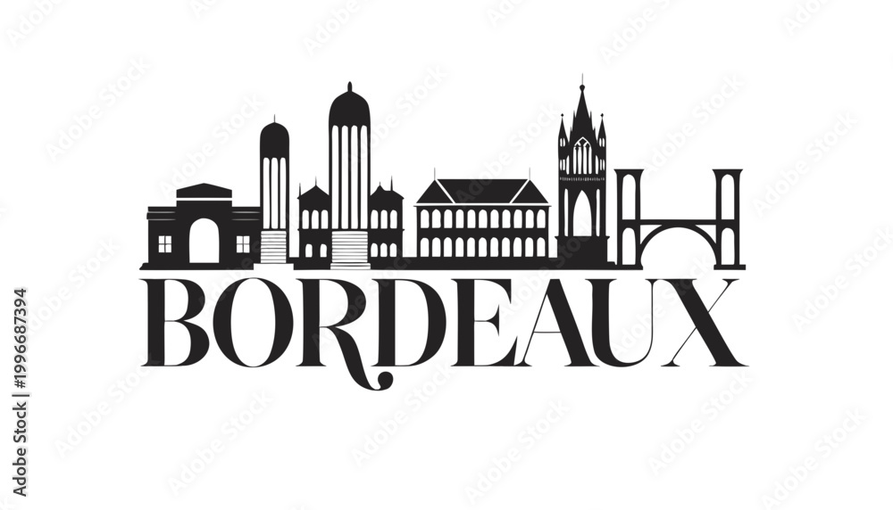 Fototapeta premium Vector illustration of Bordeaux skyline silhouette, on white background, elegant architecture outlines, cultural landmarks, with “BORDEAUX” text