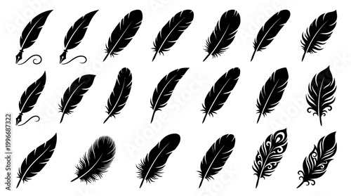 Feather Silhouette Collection – Elegant Black Vector Icons of Bird Plumes for Design, Tattoo, Fashion, and Nature-Themed Projects