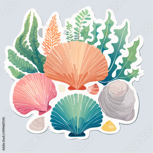 Colorful Seashells and Seaweed Illustration