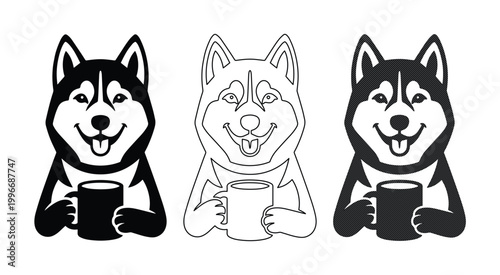 Siberian Husky dog holding coffee mug vector set, cute husky puppy drinking tea mascot, black and white husky line art illustration for cafe logo