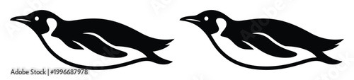 Minimalist penguin swimming vector icons, black and white emperor penguin silhouettes, sleek arctic bird profile graphics for logo design