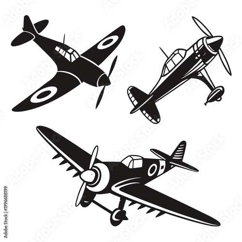Foto Collection of vintage military and propeller airplane silhouettes with airplane