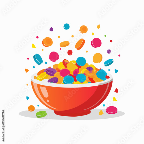 Bowl of colorful cereal with pieces flying out