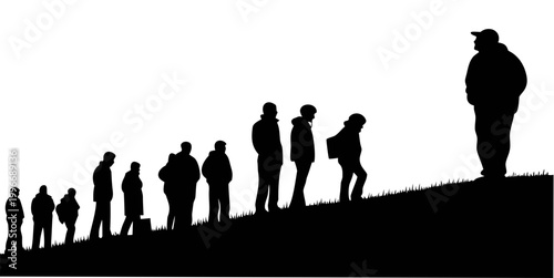 Photography Silhouette of a long line of people waiting outdoors on a hillside with silhouet