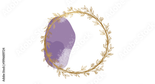 Elegant gold floral wreath encircles a soft purple watercolor smudge on a white background for sophisticated wedding or invitation designs.