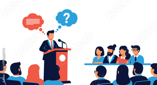 Professional speaker at a wooden podium addresses an attentive audience with question and text bubbles symbolizing public speaking events.