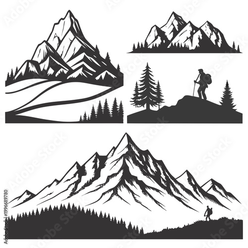 Tableau sur toile Set of monochrome mountain landscapes with hikers and pine trees mountain landsc