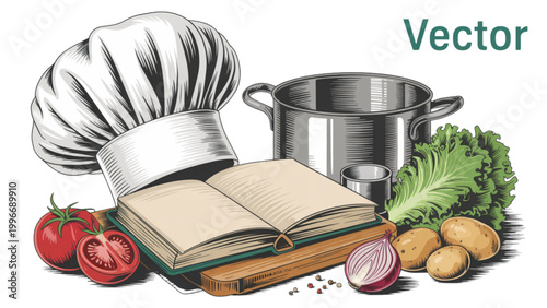 Colorful kitchen utensils and food items arranged on wooden table Vector