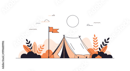 Simple line art illustration of a canvas tent set up in a nature landscape with a flag, bushes, and a sun in a warm peach and black palette.