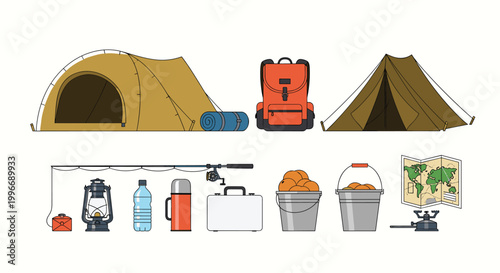 Comprehensive set of camping and hiking equipment includes tents, a backpack, a lantern, a water bottle, a map, and various outdoor tools.
