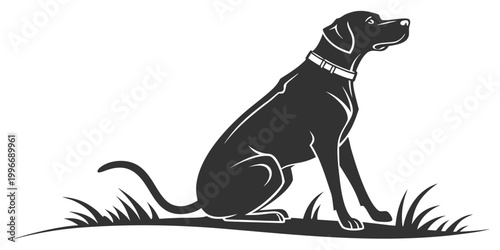 Tableau sur toile Black and white silhouette illustration of a hunting dog sitting alert in the gr