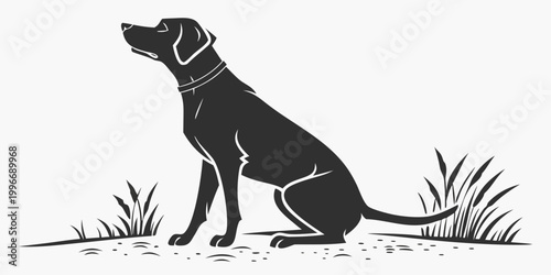 Photography Simple black silhouette of a dog sitting in the grass on a clean background with