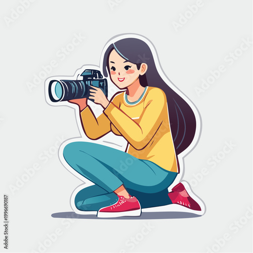 Cartoon Woman Photographer Crouching with Camera