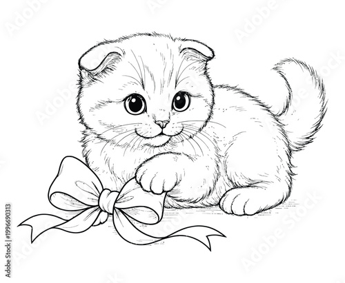 Tableau sur toile Adorable kitten playing with decorative ribbon bow for kids coloring page vector illustration