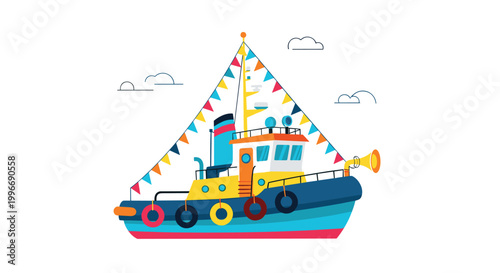 Colorful tugboat ship with festive pennant flags and safety rings sailing on a clean white background flat illustration.